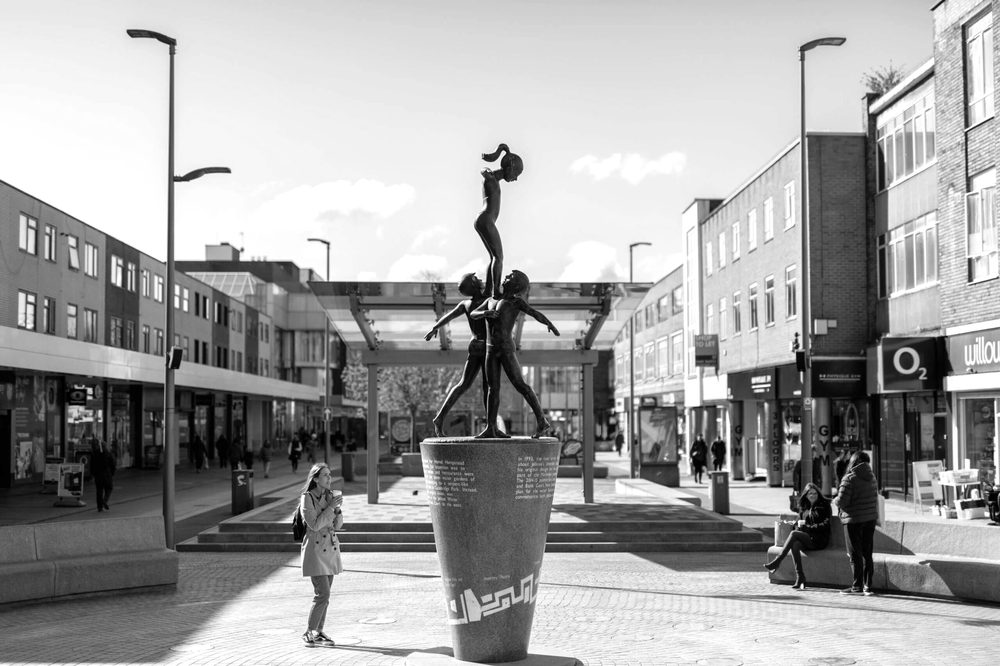 The Skaters statue in Marlowes shopping precinct, Hemel Hempstead